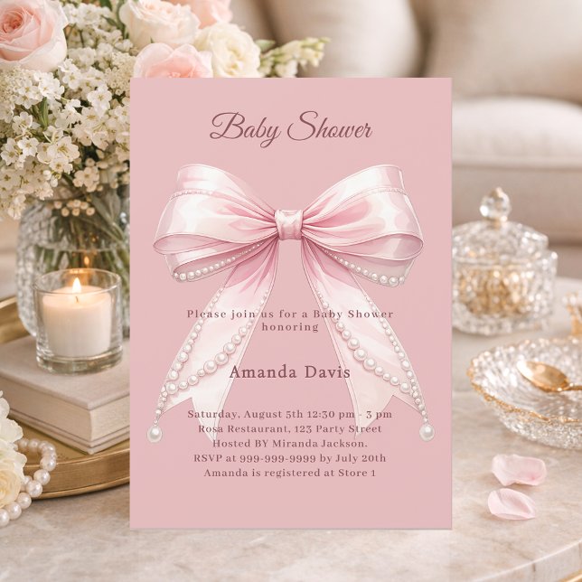 Bow rosa pärlor elegant flicka Baby Shower Inbjudningar (Skapare uppladdad)