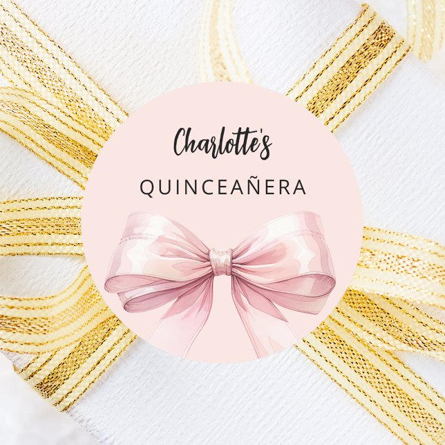 Bow rosa Quinceanera Runt Klistermärke (Skapare uppladdad)