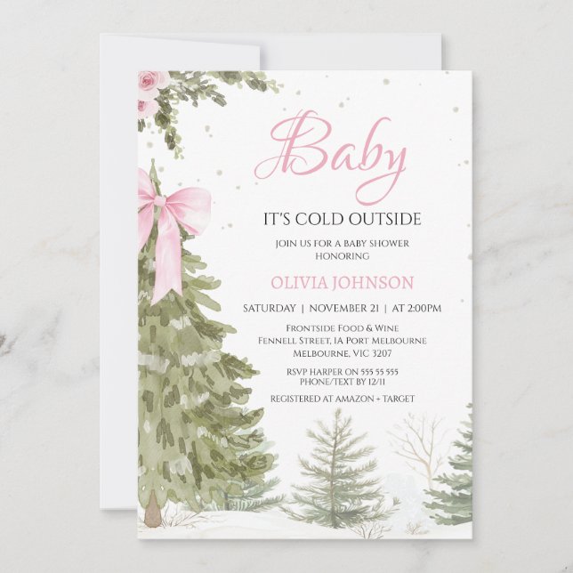 Bow Rosa Träd Baby Det är Kall Babyskabruk Inbjudningar (Framsida)