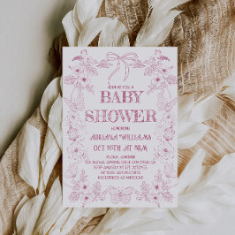 Bow Rosa Vit Toile Blommor Flicka Bebis Shower Inbjudningar