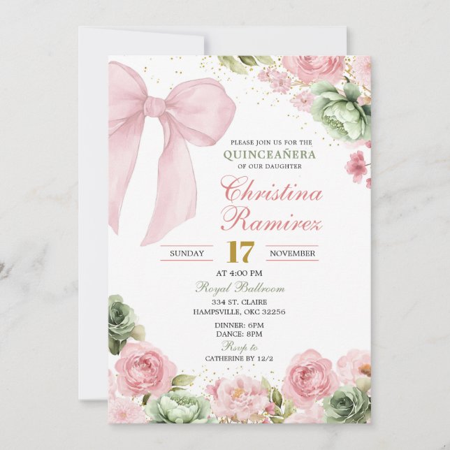 Bow Sage Rosa Coquette Blommig Quinceanera Inbjudningar (Framsida)