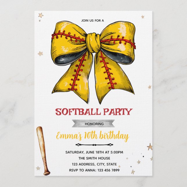Bow softball party invitation inbjudningar (Framsida)