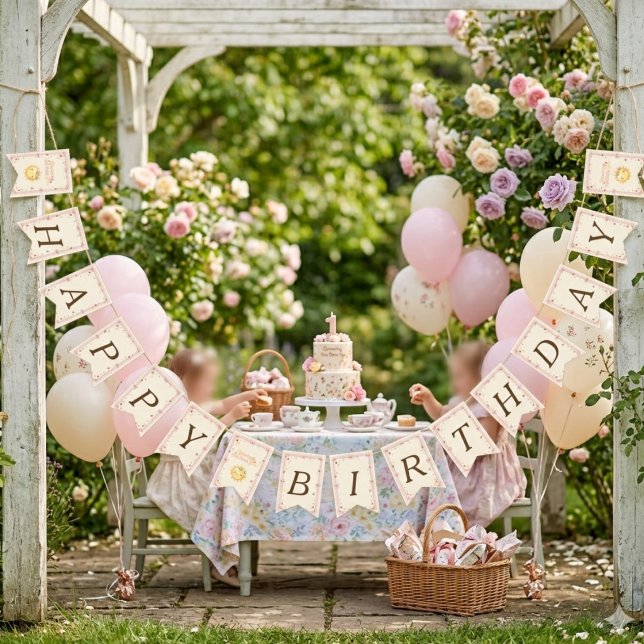 Bow & Strawberry Sun Happy Birthday Vimplar (Bow & Strawberry Sun Happy Birthday Bunting Flags)