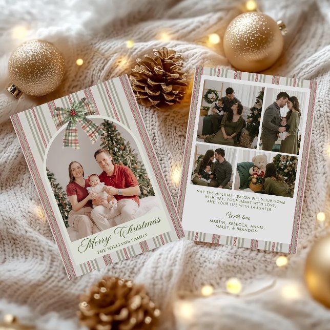  Bow Stripe Family Photo Christmas Holiday Card Julkort (Skapare uppladdad)