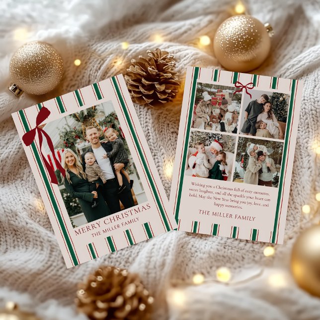 Bow Stripe Family Photo Christmas Holiday Card Julkort (Skapare uppladdad)