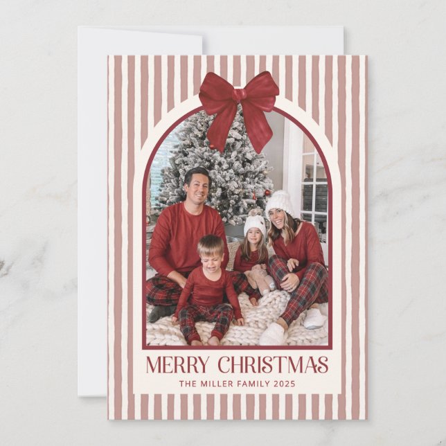 Bow Stripe Family Photo Christmas Holiday Card Julkort (Framsida)
