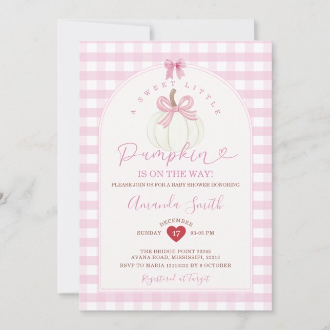 Bow Sweet Little Pumpkin Rosa Gingham Baby Shower Inbjudningar (Framsida)