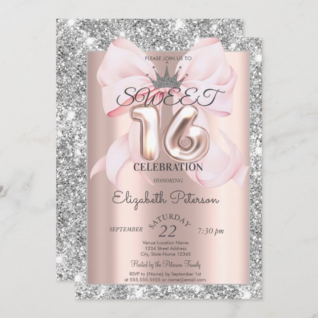 Bow,Tiara,Rose Gold Silver Glitter Sweet 16  Inbjudningar (Fram/baksida)