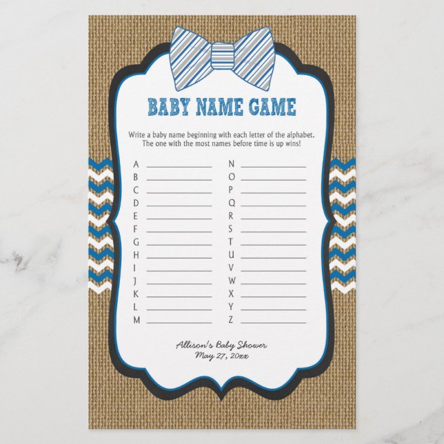 Bow Tie Baby Shower Games mobila/baby namn (Framsida)