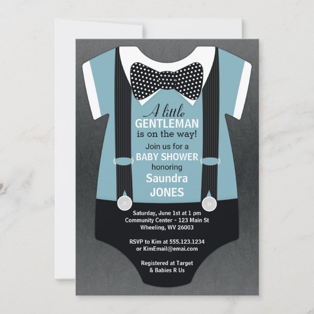 Bow Tie Baby Shower-inbjudan, Suspender Inbjudan (Framsida)