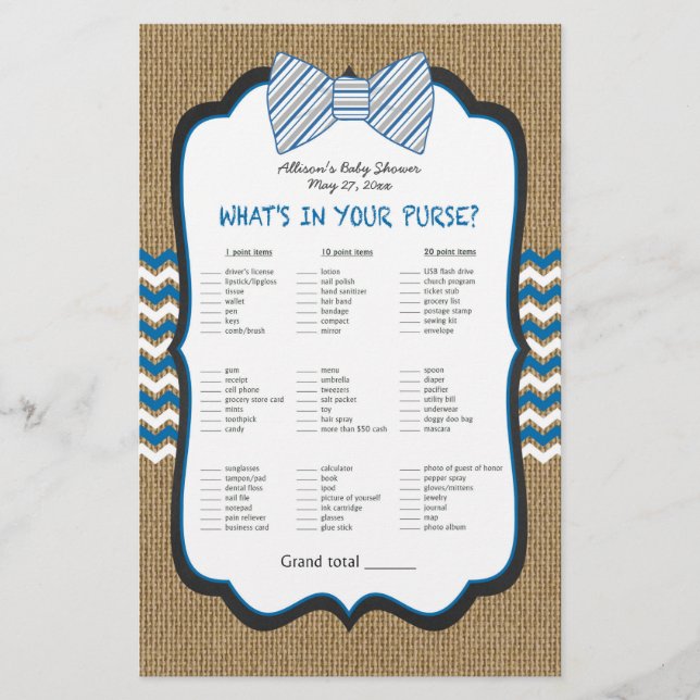 Bow Tie Boy Shower Games-väska/bingo (Framsida)