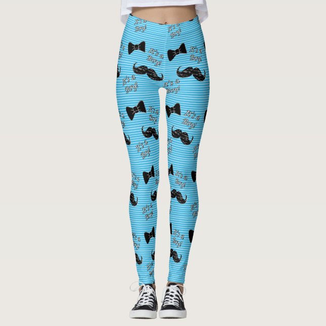 Bow tie och Mustache blue och white Leggings (Framsida)