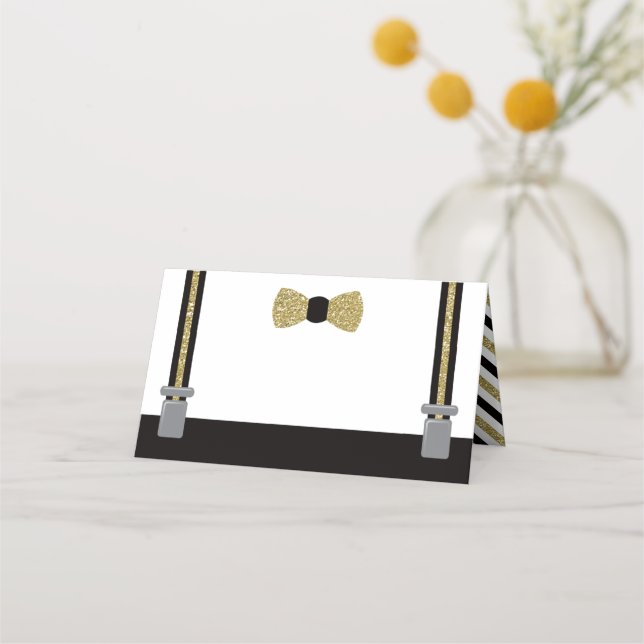 Bow Tie Place Cards, Food Cards, Black, Faux Guld Placeringskort (Framsida)