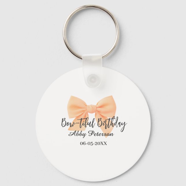 Bow-tiful birthday orange bow name date simple pas nyckelring (Framsida)