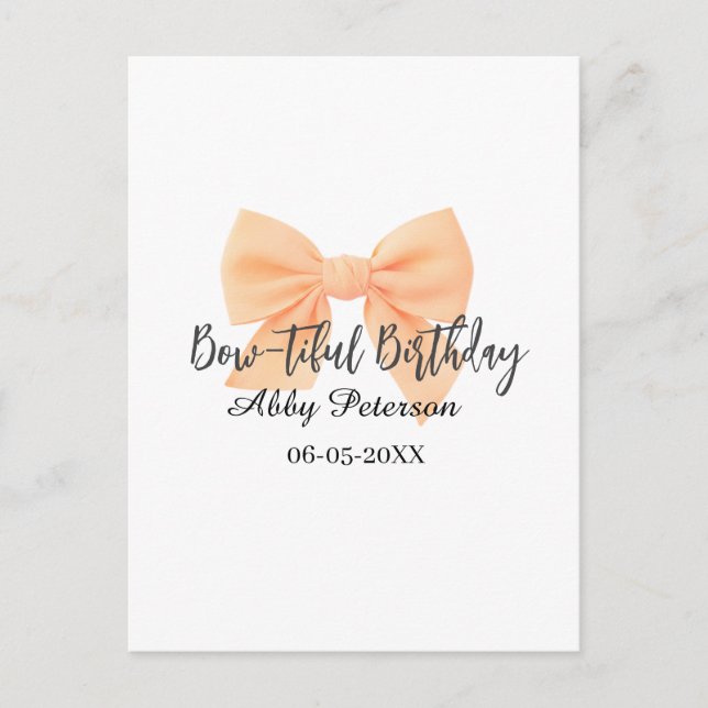 Bow-tiful birthday orange bow name date simple pas vykort (Framsida)