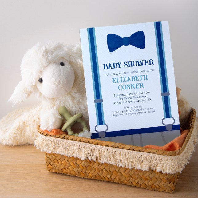 Bow-time Suspenders från Cute Pojke visar inbjudan (Cute Baby Boy Bow-tie Suspenders Shower Invitation)