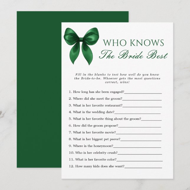 Bow Who Knows The Bride Best Bridal Shower Game Inbjudningar (Fram/baksida)