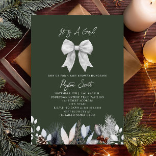 Bow Winter Grönt Girl Baby Shower för botaniska Bl Inbjudningar