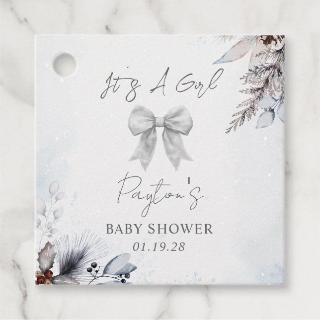 Bow Winter Snö Girl Baby Shower Gåvor Etiketter (Framsida)