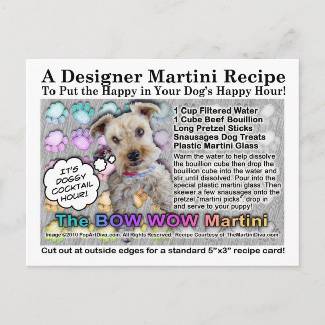 Bow Wow Martini för Hundar Recipe-vykort Vykort (Framsida)
