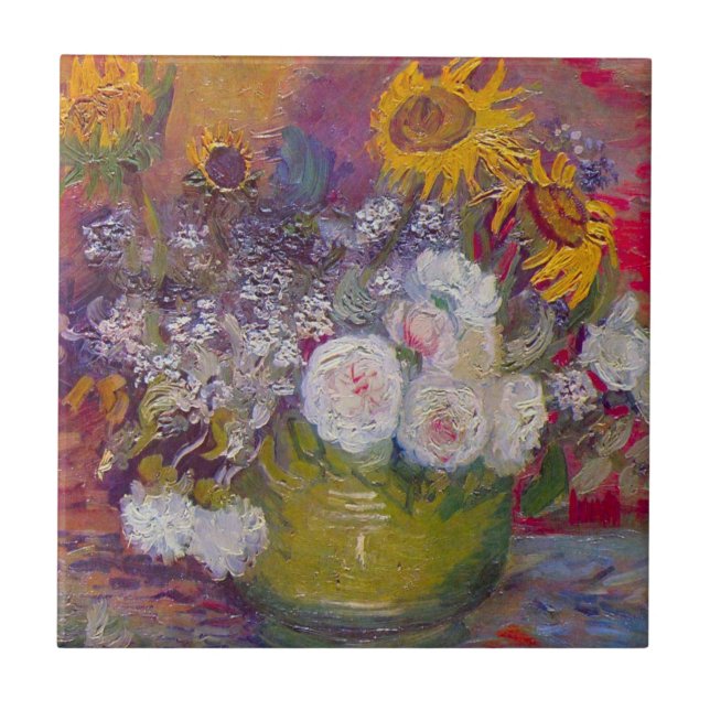 Bowl med blommor och Ro av Vincent van Gogh Kakelplatta (Framsidan)