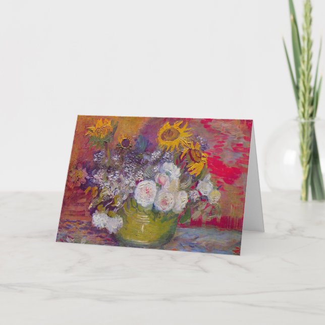 Bowl med blommor och Ro av Vincent van Gogh Kort (Framsida)