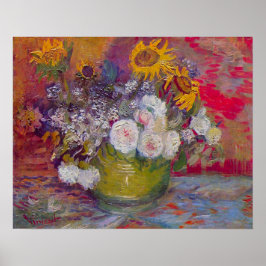 Bowl med blommor och Ro av Vincent van Gogh Poster