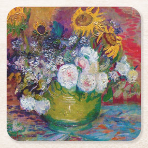 Bowl med Flowers, Van Gogh Underlägg Papper Kvadrat