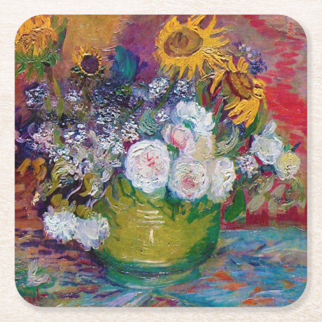 Bowl med Flowers, Van Gogh Underlägg Papper Kvadrat (Framsidan)