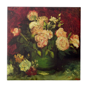 Bowl med Peonies och Ro av Vincent van Gogh Kakelplatta