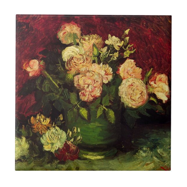 Bowl med Peonies och Ro av Vincent van Gogh Kakelplatta (Framsidan)