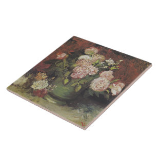 Bowl med Peonies och Ro av Vincent van Gogh Kakelplatta