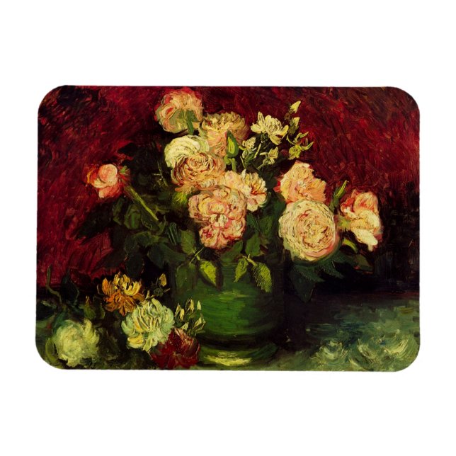 Bowl med Peonies och Ro av Vincent van Gogh Magnet (Horisontell)