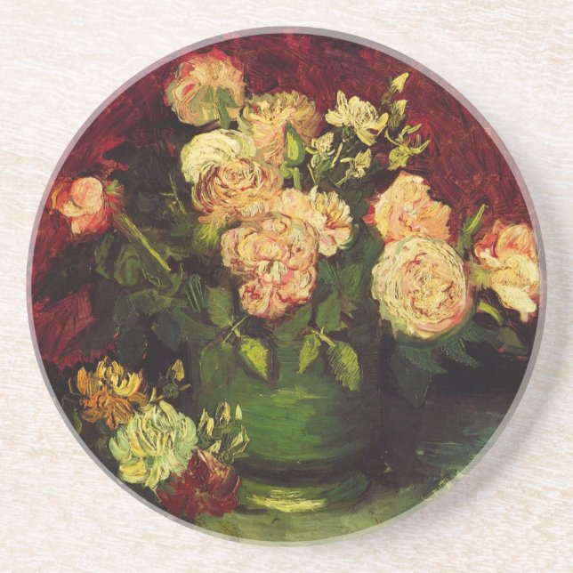 Bowl med Peonies och Ro av Vincent van Gogh Underlägg Sandsten (Framsidan)