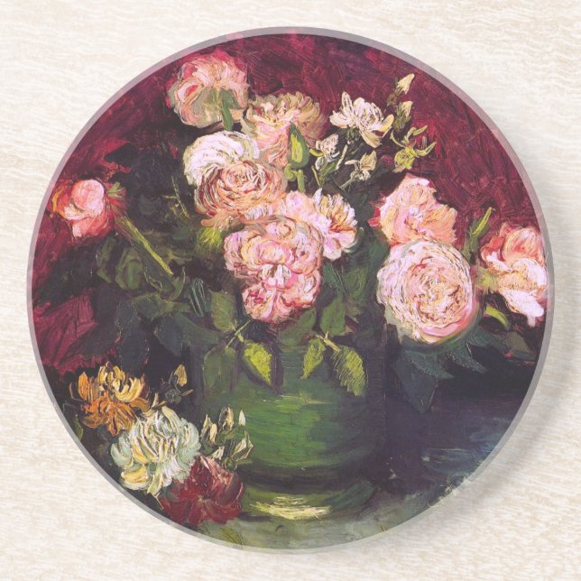 Bowl med Peonies och Ro Van Gogh Fine Art Underlägg Sandsten (Framsidan)