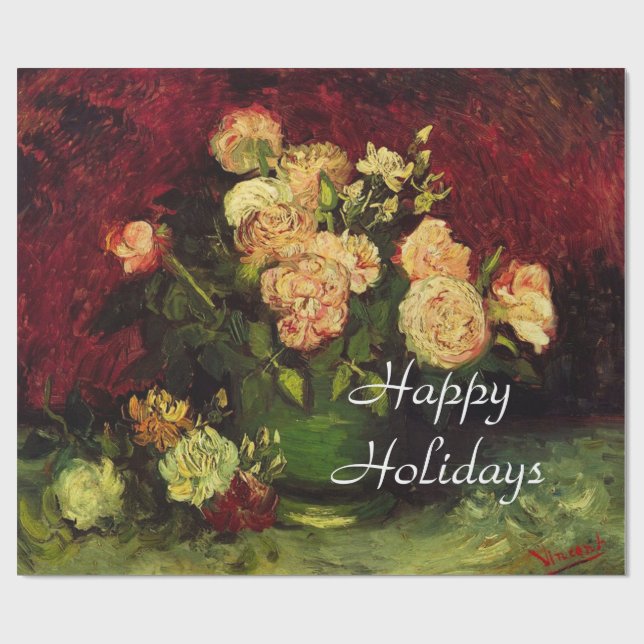 Bowl med Peonies och Ro, Vincent van Gogh. Presentpapper (Platt)