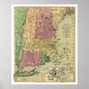 Bowles karta av New England 1784 Poster