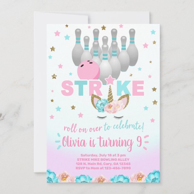 Bowling and unicorn girl birthday invite. inbjudningar (Framsida)