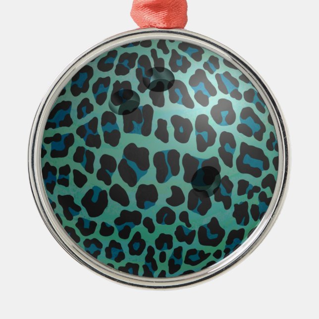 Bowling Ball Leopard Teal Julgransprydnad Metall (Framsidan)
