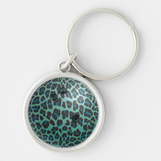 Bowling Ball Leopard Teal Rund Silverfärgad Nyckelring (Framsidan)