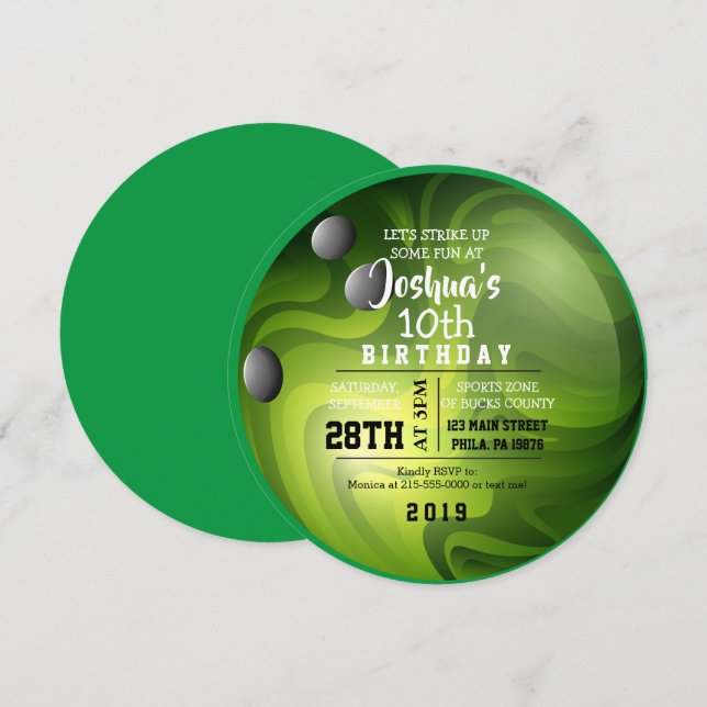 BOWLING BALL ROUND Grönt Födelsedagsfest inbjudan (Fram/baksida)