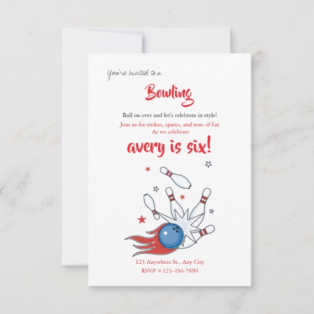 Bowling Birthday invitation template editable Tack Kort (Framsida)