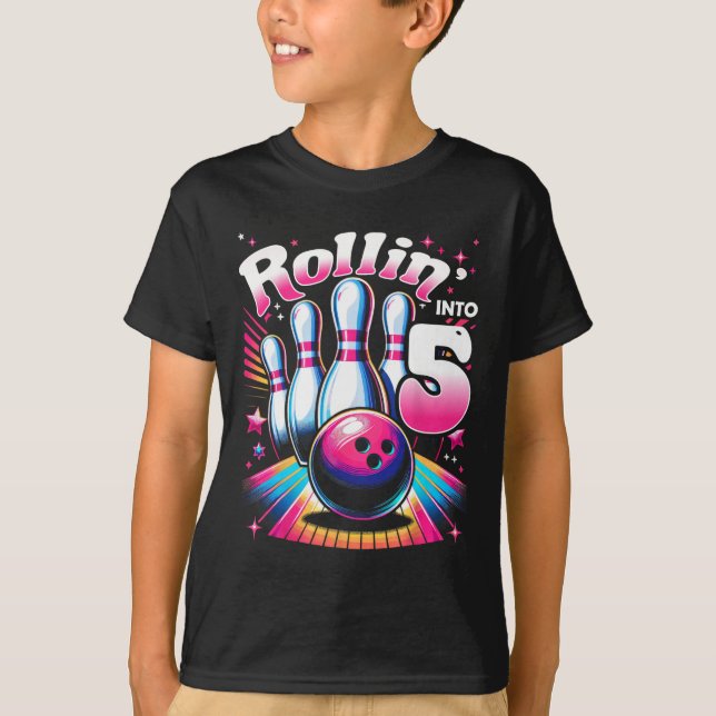 Bowling Birthday Rollin Into 5 Party 5th Birthday  T Shirt (Framsida)