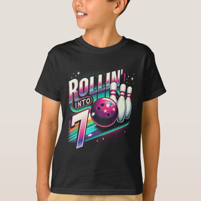 Bowling Birthday Rollin Into 7 Party 7th Birthday  T Shirt (Framsida)