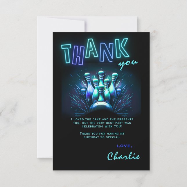 Bowling Birthday Thank You Card Boys Blue Neon Inbjudningar (Framsida)