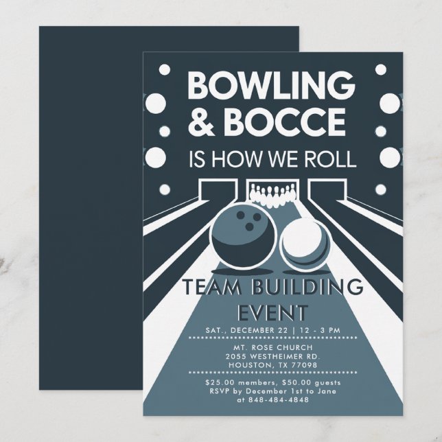 Bowling Bocce Team Byggande Church Business Blue Inbjudningar (Fram/baksida)