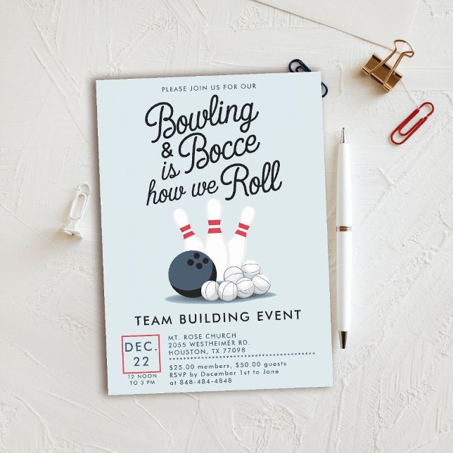 Bowling Bocce Team Byggande Church Business Simple Inbjudningar (bowling bocce invitation sports themed company team building church event gathering modern classy)