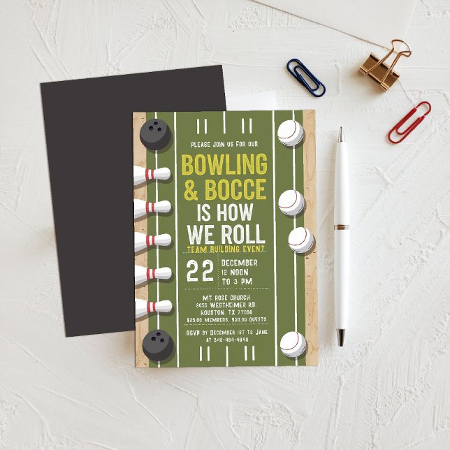 Bowling Bocce Team Byggande Church Business Sports Inbjudningar (bowling bocce invitation sports themed company team building church event gathering green white)
