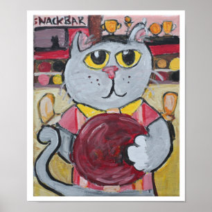 Bowling Cat Folk Art Roligt Sport Painting Poster