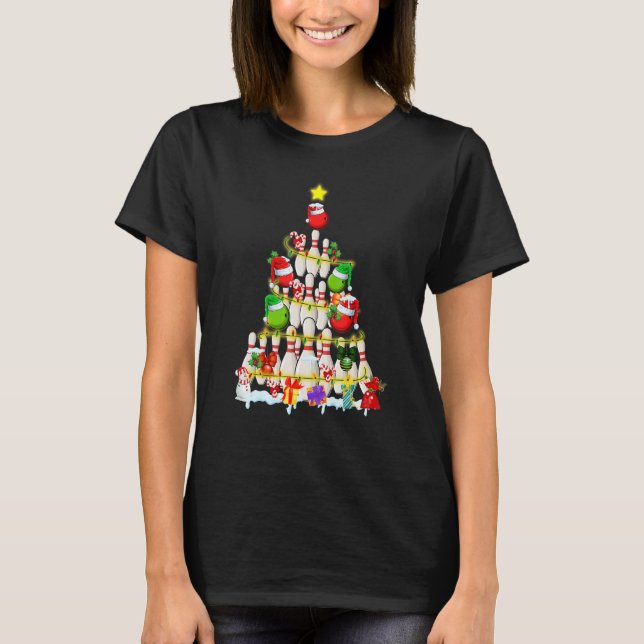 Bowling Christmas Tree  Bowling Player Xmas Light  T Shirt (Framsida)